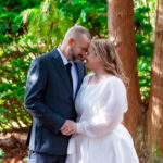 photograph of a man and woman touching fore heads with their eyes closed